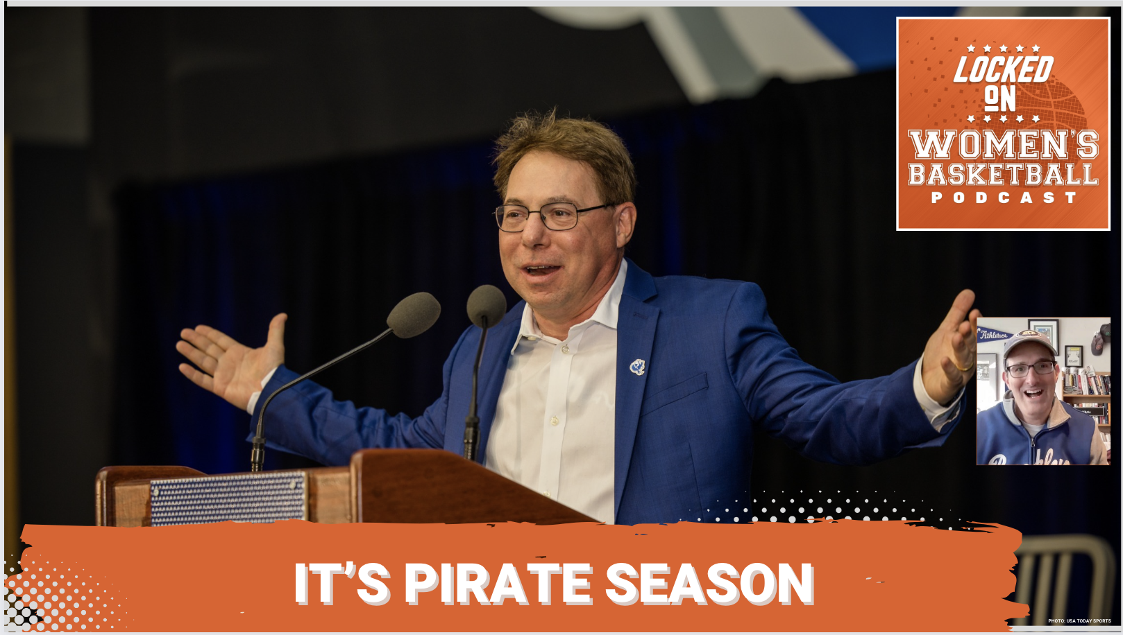 Photo of Seton Hall head coach Tony Bozzella speaking at Big East media day 2023. Text underneath photo reads "It's Pirate Season." Locked On Women's Basketball logo in the top right corner, headshot of Howard Megdal to the right.